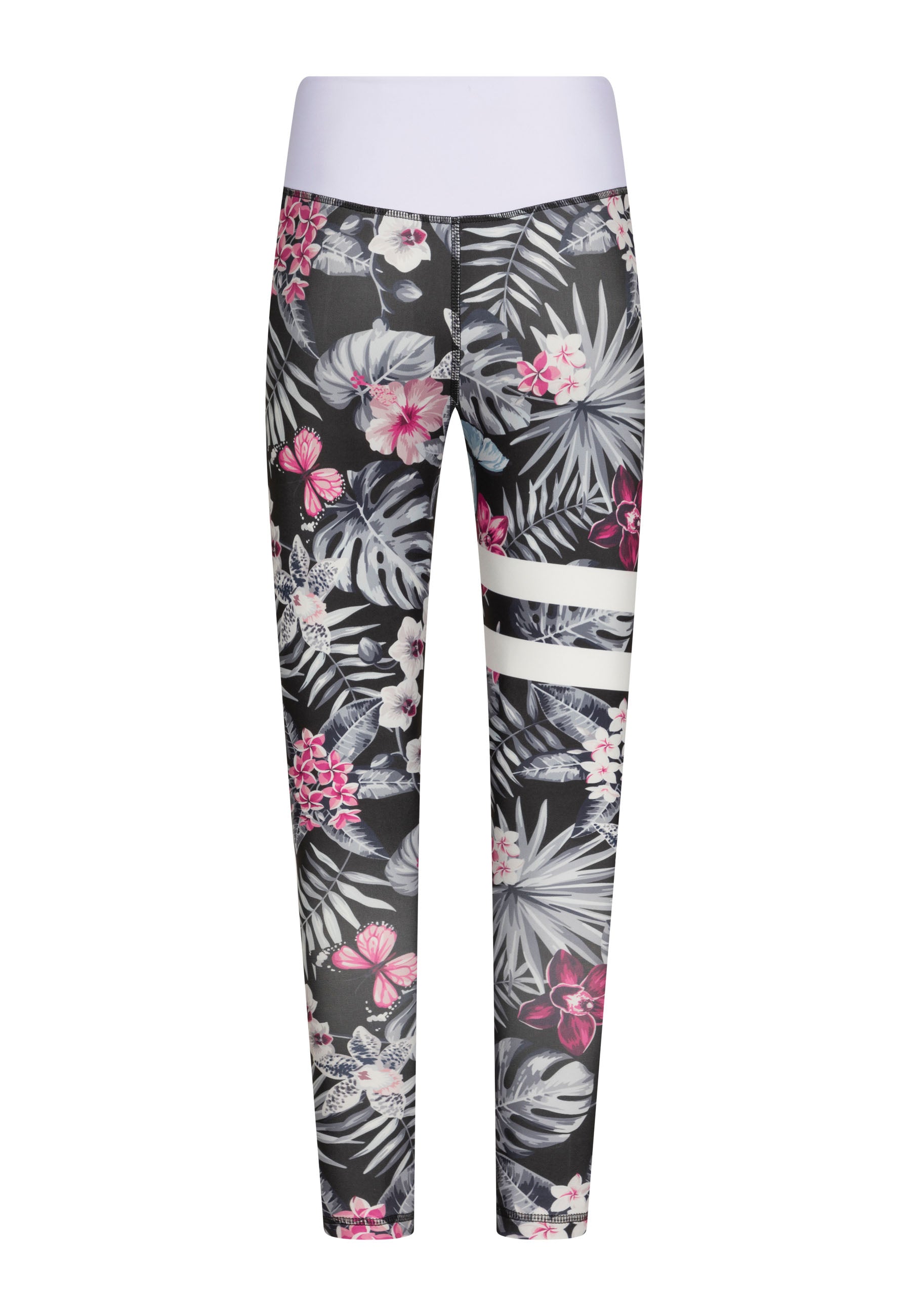 Lisminas 890 Extra High Waist Leggings: Schwarz & Weiss mit rosa Blumen, grünen Blättern und weißen Streifen. Hingucker!.